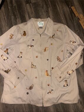 Quacker Factory Beige Cat Embroidered Zip Jacket large